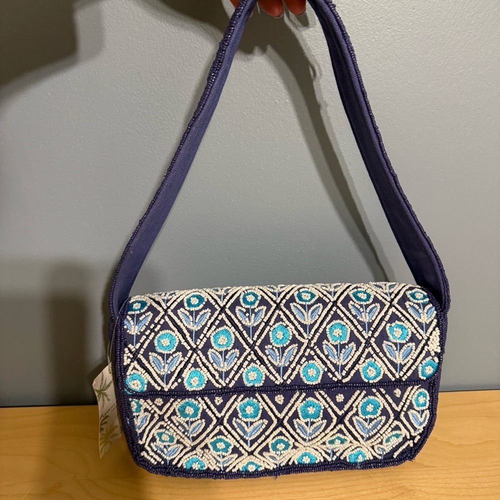 America & Beyond Viral Beaded Purse with Blue Flowers